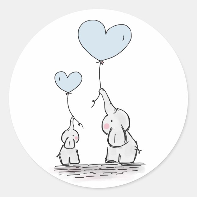 Pegatina Redonda Cute Elephant Blue Heart Balloons Boy Baby Shower (Anverso)