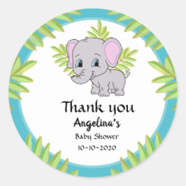 Pegatina Redonda Cute Elephant Boy Baby Shower Blue Gracias