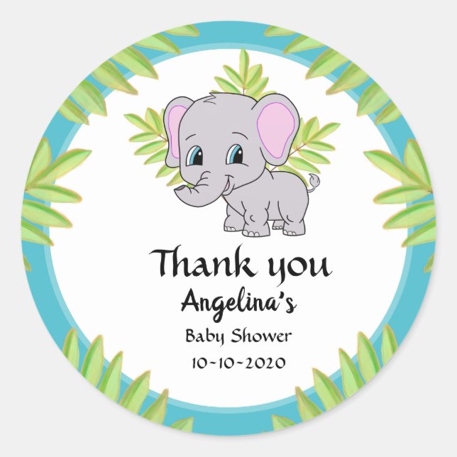 Pegatina Redonda Cute Elephant Boy Baby Shower Blue Gracias (Anverso)