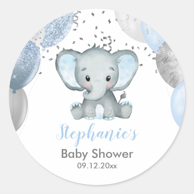 Pegatina Redonda Cute Elephant Boy Balloons Baby Shower (Anverso)