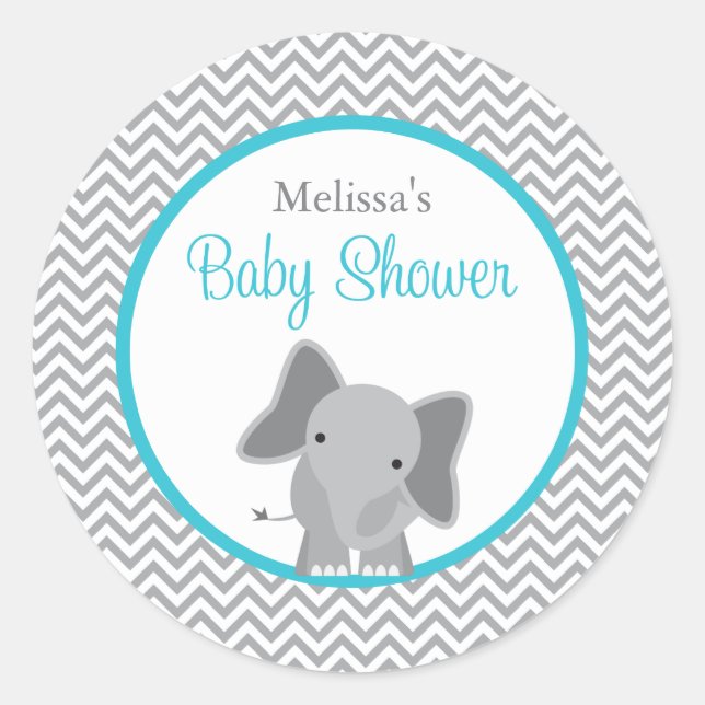Pegatina Redonda Cute Elephant Chevron Baby Shower Verde azulado (Anverso)