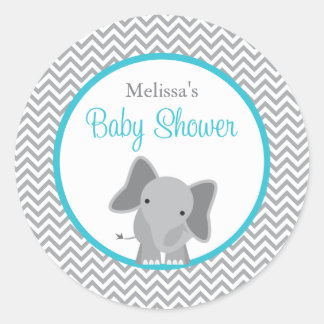 Pegatina Redonda Cute Elephant Chevron Baby Shower Verde azulado