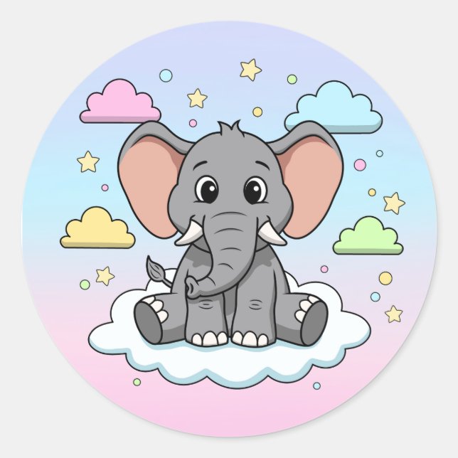 Pegatina Redonda Cute Elephant on Cloud - I'm Ele-Fun-t Pun (Anverso)
