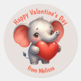 Pegatina Redonda Cute Elephant Red Heart Valentine