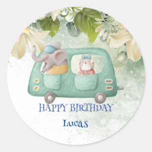 Pegatina Redonda Cute Elephant Safari jungle Zoo Fiesta de cumpleañ