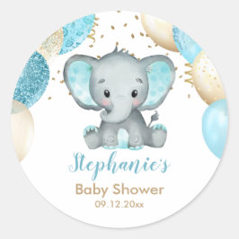 Pegatina Redonda Cute Elephant Turquiose Gold Balloons Baby Shower