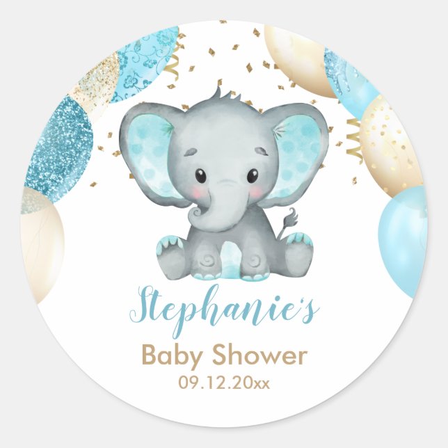 Pegatina Redonda Cute Elephant Turquiose Gold Balloons Baby Shower (Anverso)