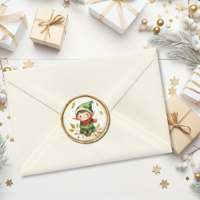 Pegatina Redonda Cute Elfo de Navidad Falso de Cera (Cute Christmas Elf Faux Wax Classic Round Sticker)