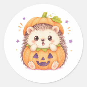 Pegatina Redonda Cute Erizo con Disfraz de Calabaza Ilustración de