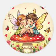 Cute Fairies on Retro Mushrooms Vintage
