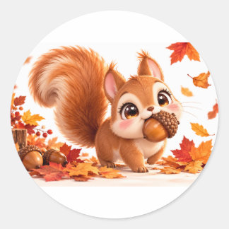 Pegatina Redonda Cute Fall Squirrel Sticker | Kawaii Bellota & Otoñ