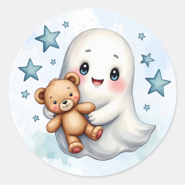 Pegatina Redonda Cute Fantasma Halloween Tema Boys Baby Shower (Anverso)