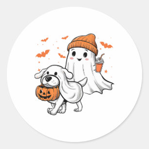 Pegatina Redonda Cute fantasma Walking Dog Coquette Bow Perro Hallo