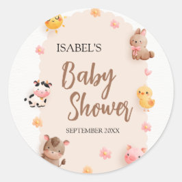 Pegatina Redonda Cute Farm Animals Baby Shower