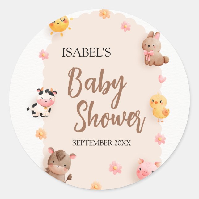 Pegatina Redonda Cute Farm Animals Baby Shower (Anverso)