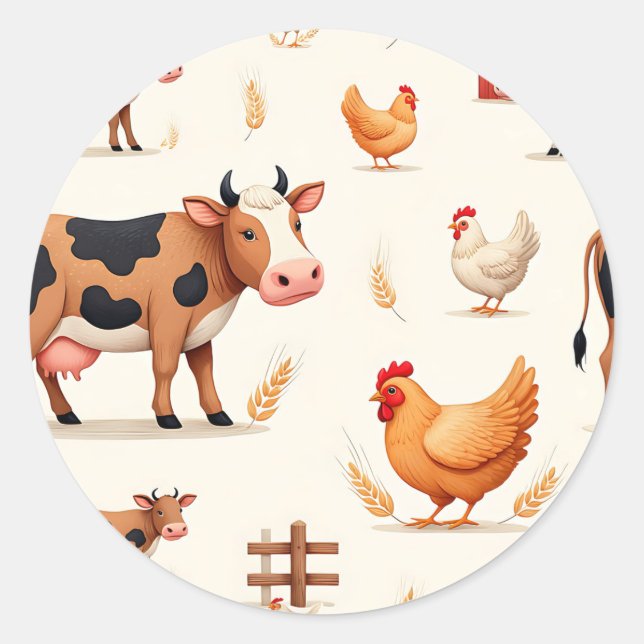 Pegatina Redonda Cute Farm Animals Barn Pattern (Anverso)