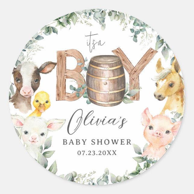 Pegatina Redonda Cute Farm Animals Greenery Boy Barn Baby Shower (Anverso)