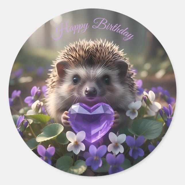 Pegatina Redonda Cute February Hedgehog with Amethyst Heart (Anverso)