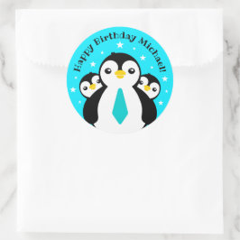 Pegatina Redonda Cute Feliz Cumpleaños Pingüinos Cuellos Azules