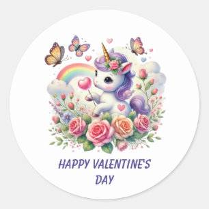 Pegatina Redonda Cute Feliz Día de San Valentín unicornio