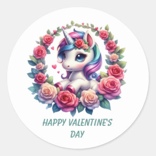 Pegatina Redonda Cute Feliz día de San Valentín unicornio 