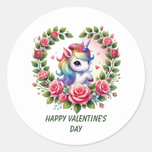Pegatina Redonda Cute Feliz Día de San Valentín unicornio