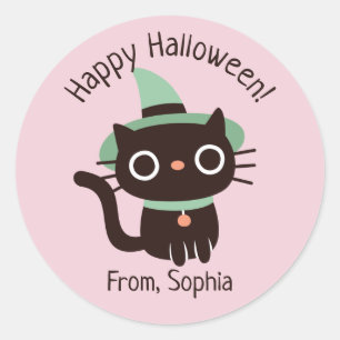 Pegatina Redonda Cute Feliz Halloween Gato Negro Sombrero de Bruja