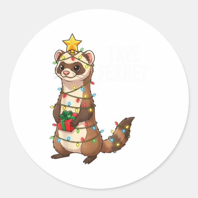Pegatina Redonda Cute Ferret Wrapped In Christmas Lights Holiday Xm (Anverso)