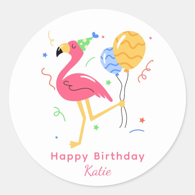 Pegatina Redonda Cute Flamingo Modern Happy Birthday Script (Anverso)