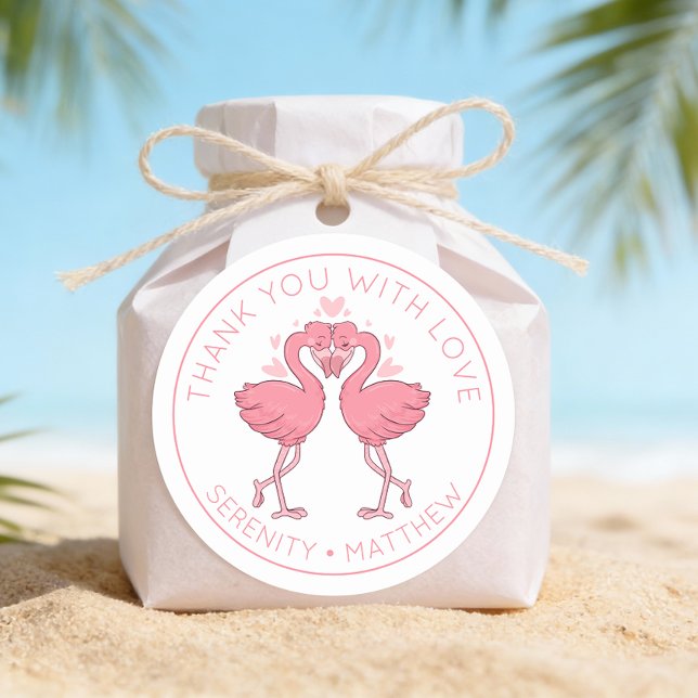 Pegatina Redonda Cute Flamingos Tropical Beach Wedding Thank You (Subido por el creador)