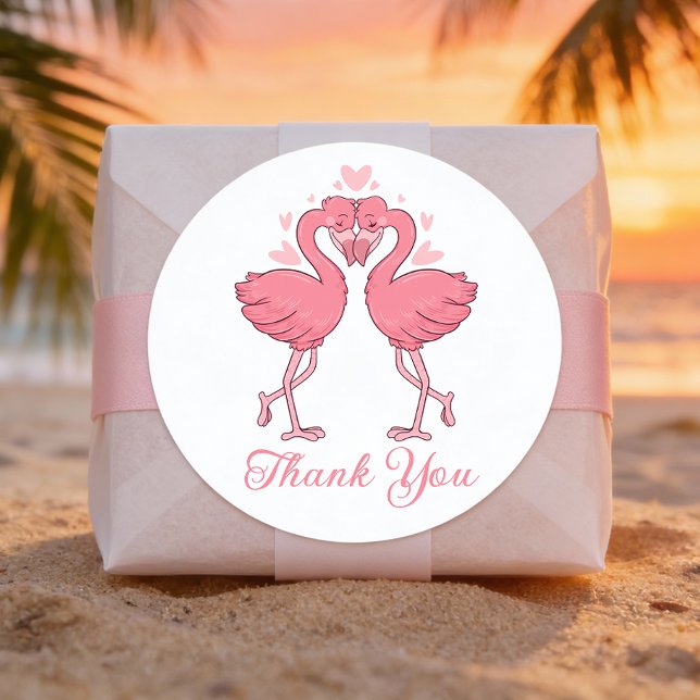 Pegatina Redonda Cute Flamingos Tropical Beach Wedding Thank You (Subido por el creador)