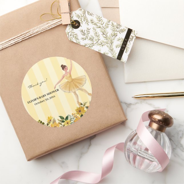 Pegatina Redonda Cute Floral Amarillo Ballerina Ribbon Baby Shower (Regalar)