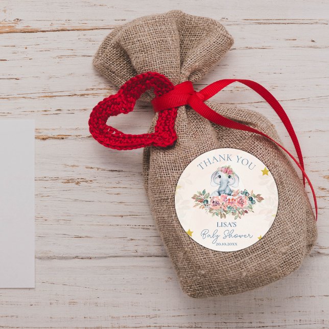 Pegatina Redonda Cute Floral Elephant Gracias Baby Shower (Cute Floral Elephant Thank You Baby Shower Classic Round Sticker)