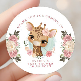 Pegatina Redonda Cute Floral Giraffe Chica Baby Shower Gracias