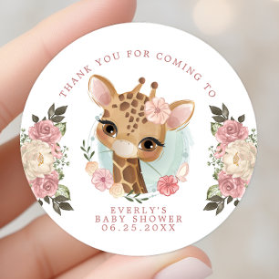 Pegatina Redonda Cute Floral Giraffe Girl Baby Shower Agradecimient