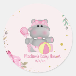 Pegatina Redonda Cute Floral Hippo Baby Shower