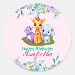 Pegatina Redonda Cute Floral Hippo selva safari Animales Cumpleaños