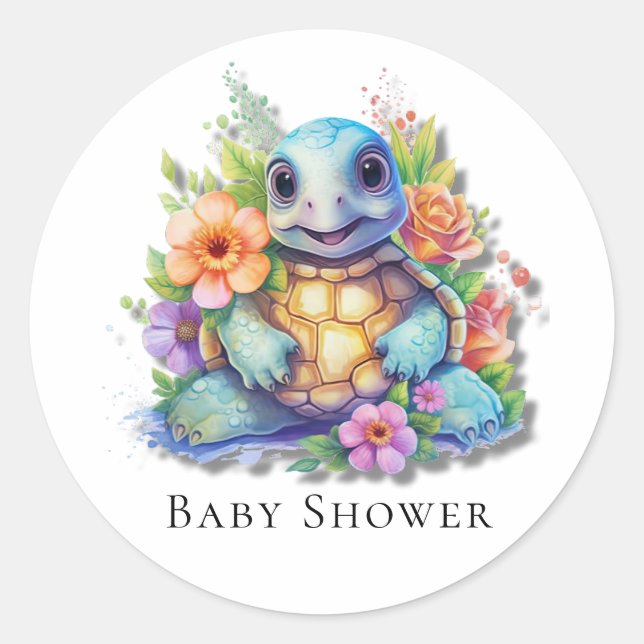 Pegatina Redonda Cute Floral Sea Turtle Baby Shower (Anverso)