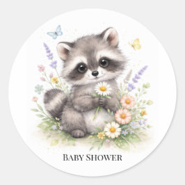 Pegatina Redonda Cute Forest Baby Raccoon Baby Shower 