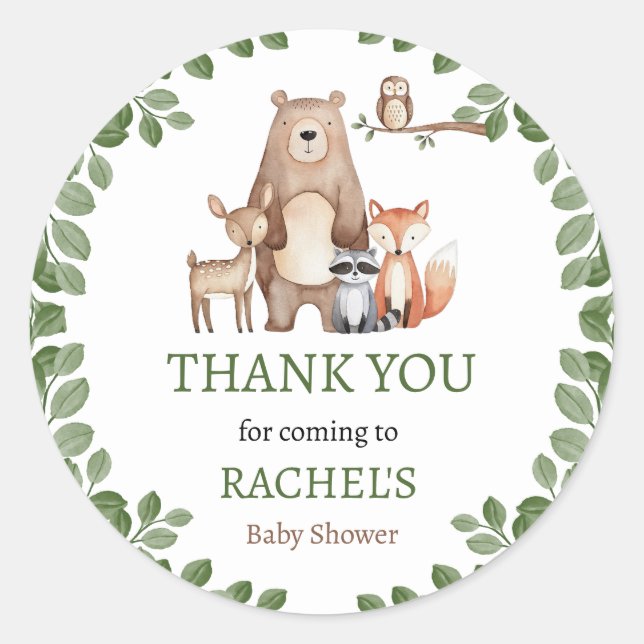 Pegatina Redonda Cute Forest Woodland Animals Baby Shower Gracias (Anverso)