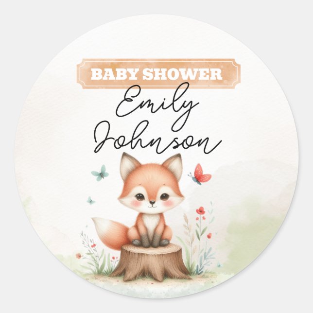 Pegatina Redonda Cute fox baby shower  (Anverso)