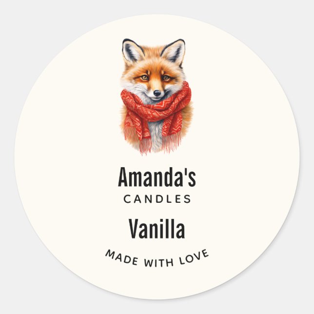 Pegatina Redonda Cute Fox in a Red Scarf Autumn Candle Business (Anverso)