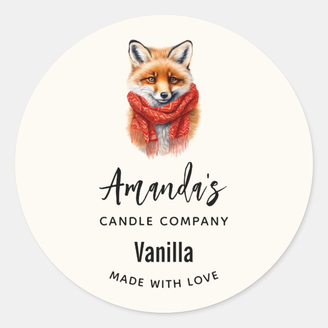 Pegatina Redonda Cute Fox in a Red Scarf Autumn Candle Business (Anverso)