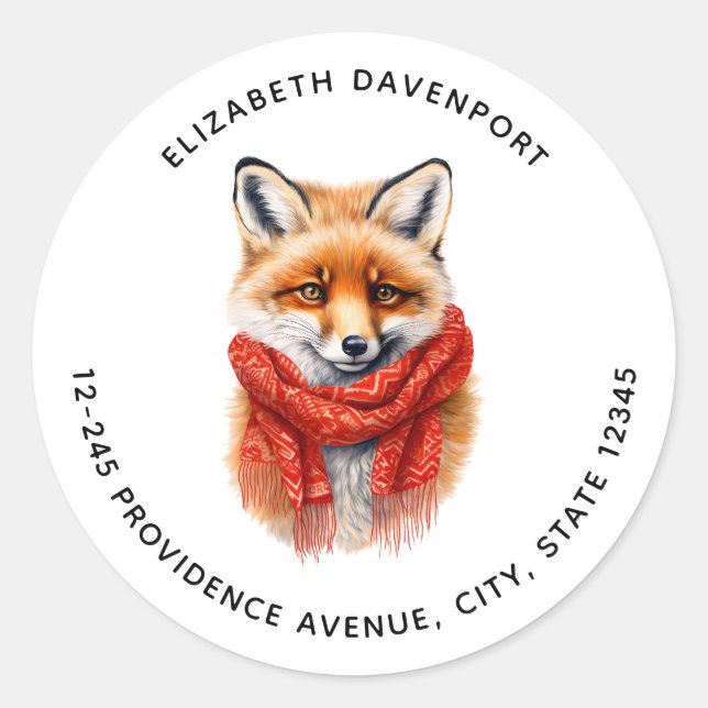 Pegatina Redonda Cute Fox in a Red Scarf Autumn Image Address (Anverso)