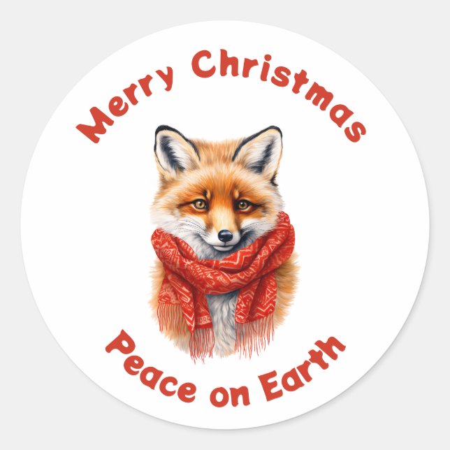 Pegatina Redonda Cute Fox in a Red Scarf Christmas Peace (Anverso)