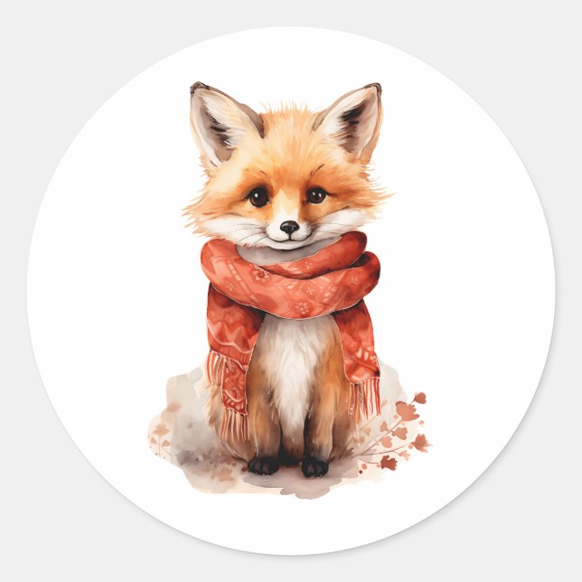 Pegatina Redonda Cute Fox Pup in a Red Scarf (Anverso)