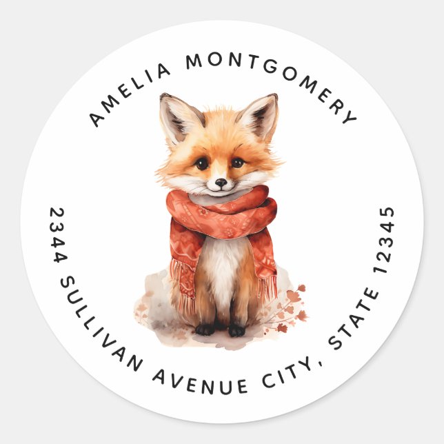 Pegatina Redonda Cute Fox Pup in a Red Scarf - Address (Anverso)