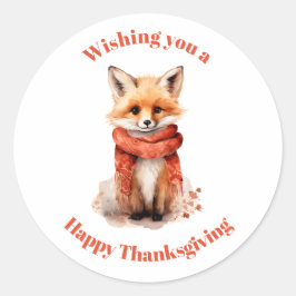 Pegatina Redonda Cute Fox Pup in a Red Scarf Thanksgiving