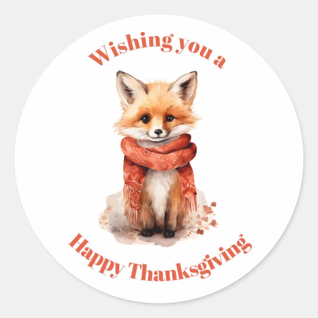 Pegatina Redonda Cute Fox Pup in a Red Scarf Thanksgiving (Anverso)