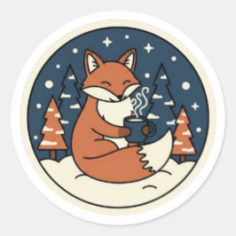 Pegatina Redonda Cute Fox with Cocoa & Starry Winter Sky